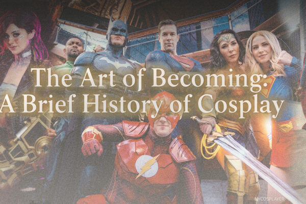 A group of cosplayers dressed as iconic superheroes pose together in a cinematic city setting, representing the evolution and artistry of cosplay culture.