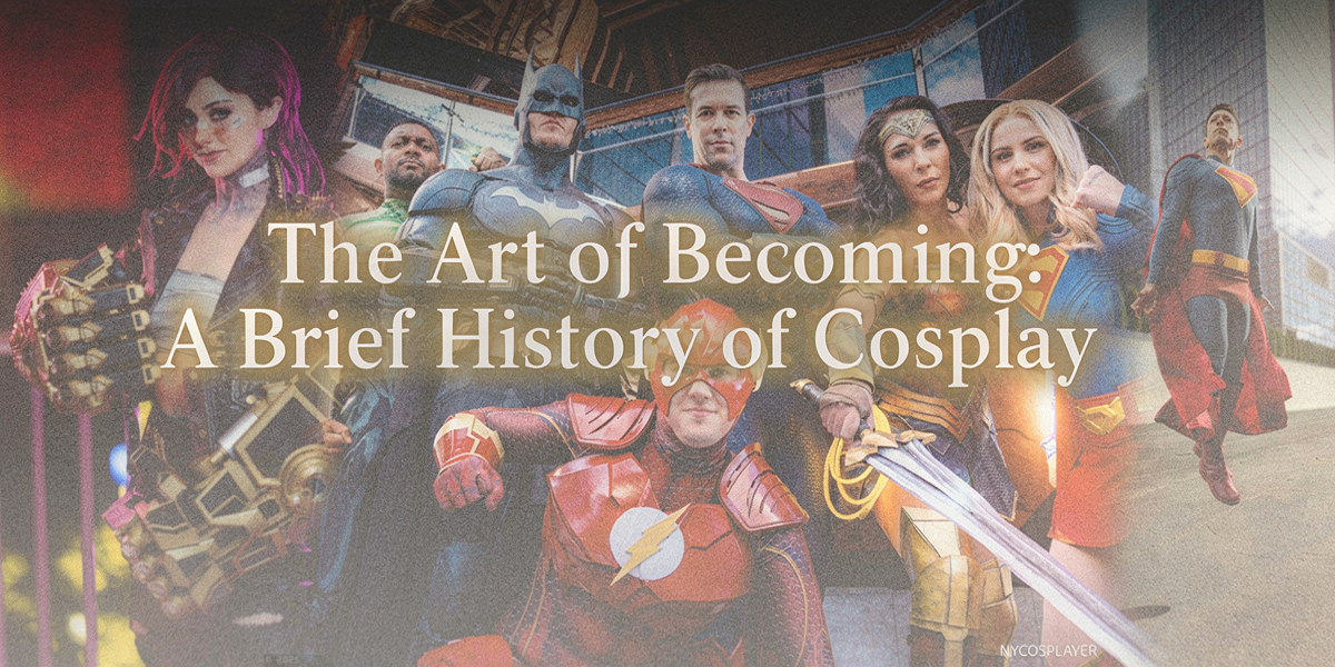 A group of cosplayers dressed as iconic superheroes pose together in a cinematic city setting, representing the evolution and artistry of cosplay culture.