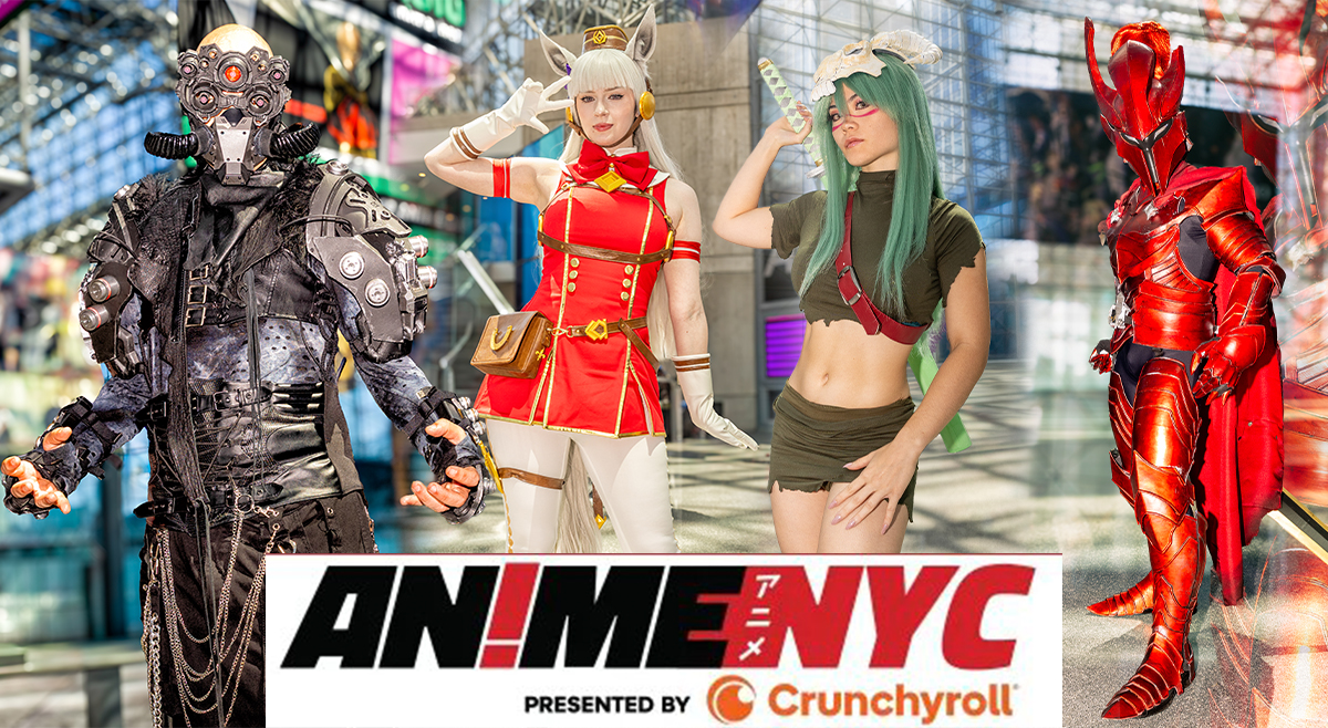 Cosplayers at Anime NYC 2025 inside Javits Center showcasing Maelstrom from Cyberpunk 2077, Gold Ship from Uma Musume, Neliel Tu Odelschwanck from Bleach, and a red armored warrior cosplay, Anime NYC presented by Crunchyroll.