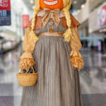 Pumpkin doll cosplay by @brynne.sketchbooks at Anime NYC 2025 Javits Center, featuring pumpkin head with braids, gray pleated dress, straw cuff details, and woven basket prop – animenyc.com.