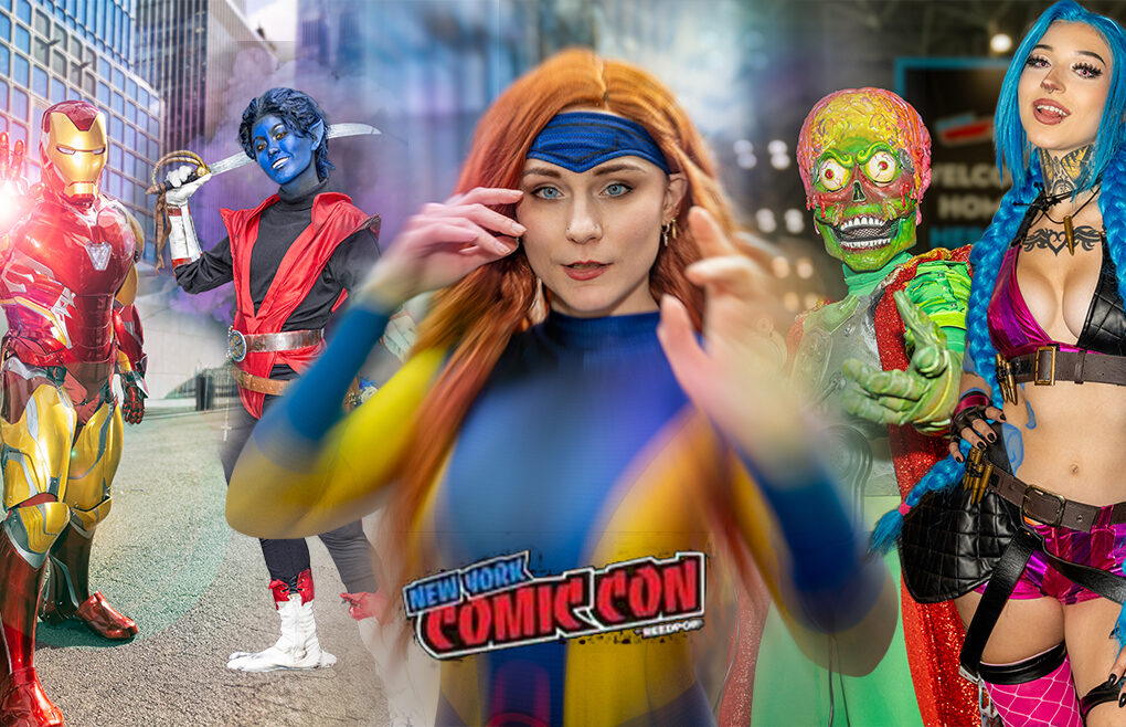 Collage of cosplayers at New York Comic Con 2025 in NYC featuring @only.davey as Iron Man, @toxiekat as Nightcrawler, @amaliaaacat as Jean Grey, a Mars Attacks alien, and @heyitsmxdz as Jinx from League of Legends, photographed by A Fixed Moment at the Javits Center.