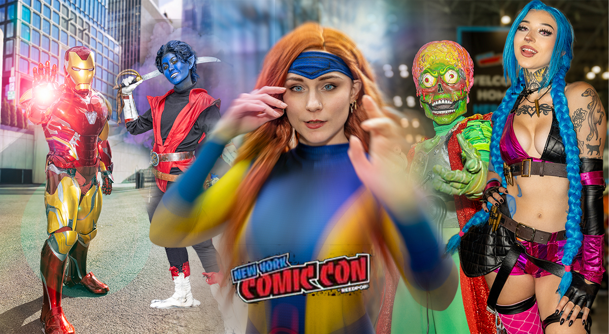 Collage of cosplayers at New York Comic Con 2025 in NYC featuring @only.davey as Iron Man, @toxiekat as Nightcrawler, @amaliaaacat as Jean Grey, a Mars Attacks alien, and @heyitsmxdz as Jinx from League of Legends, photographed by A Fixed Moment at the Javits Center.