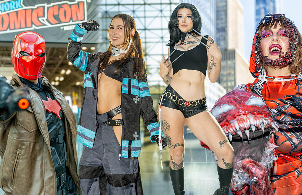 Collage of cosplayers at New York Comic Con 2025, featuring @ryfam_ as Red Hood and @bombshellbeckie as Venom/Carnage, with other fans in anime and gaming-inspired outfits posing at the Javits Center and on NYC streets.