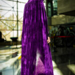 Cosplayer @irathetallthug dressed as Raven from Teen Titans poses with a deep purple velvet cloak at New York Comic Con 2025, glancing over their shoulder in the sunlight inside the Javits Center.