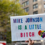 Protester holds a colorful sign that reads “MIKE JOHNSON IS A LITTLE BITCH” with a rainbow heart and the letters “PDT” during the No Kings March in New York City.