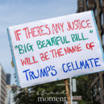 Protester holds a handmade sign that reads “IF THERE’S ANY JUSTICE ‘BIG BEAUTIFUL BILL’ WILL BE THE NAME OF TRUMP’S CELLMATE” at the No Kings March in New York City.