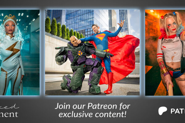Exclusive Content Awaits: Introducing the A Fixed Moment Patreon A promotional Patreon banner featuring three cosplay portraits: a white-and-gold superhero, a dynamic Superman vs. armored villain scene, and a Harley Quinn cosplayer pointing a prop gun. The banner includes the A Fixed Moment logo and a call to join the Patreon for exclusive content.
