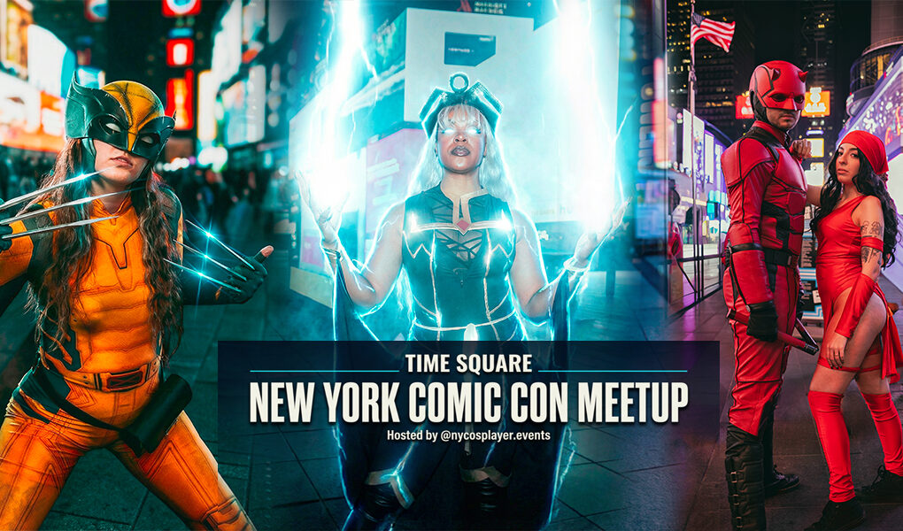 Cosplayers dressed as Wolverine, Storm, Daredevil, and Elektra posing in Times Square during the New York Comic Con Times Square Meetup hosted by @nycosplayer.events, surrounded by bright LED billboards and nighttime city lights.
