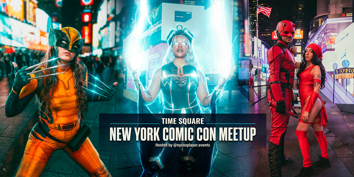 Cosplayers dressed as Wolverine, Storm, Daredevil, and Elektra posing in Times Square during the New York Comic Con Times Square Meetup hosted by @nycosplayer.events, surrounded by bright LED billboards and nighttime city lights.