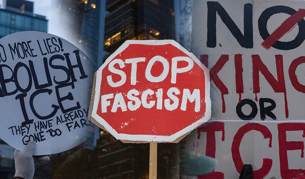 Union Square Protest Demands ICE Accountability After Minneapolis Tragedy Handmade protest signs reading “Abolish ICE,” “Stop Fascism,” and “No King or ICE” held by demonstrators at a rally in New York City.