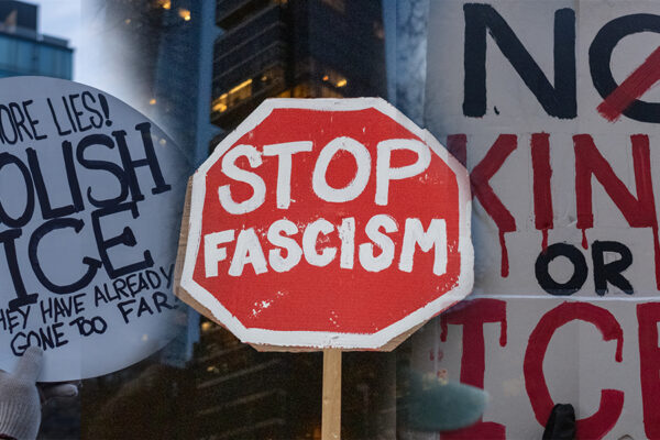Handmade protest signs reading “Abolish ICE,” “Stop Fascism,” and “No King or ICE” held by demonstrators at a rally in New York City.