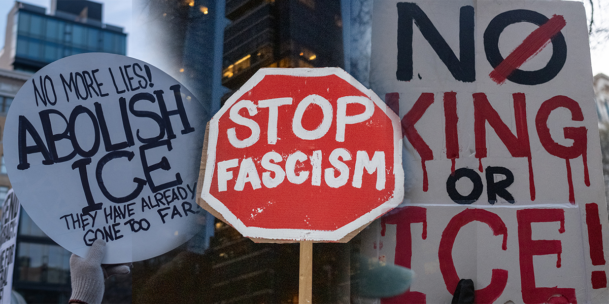 Handmade protest signs reading “Abolish ICE,” “Stop Fascism,” and “No King or ICE” held by demonstrators at a rally in New York City.