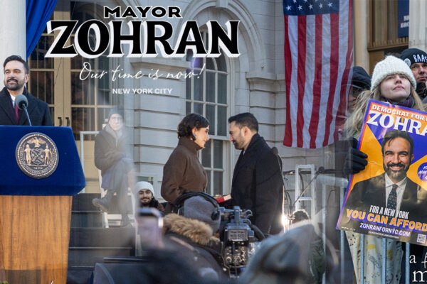 Zohran Mamdani Sworn In as Mayor at New York City Hall on New Year’s Day 2026 Composite feature image showing Zohran Mamdani delivering his inaugural address at a podium outside New York City Hall, standing alongside his wife during the oath of office, and supporters holding a campaign poster in the crowd on January 1, 2026.