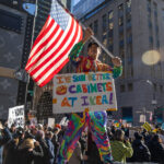 Protester standing above a crowd holding an American flag and a sign that reads “I’ve Seen Better Cabinets at IKEA!” at the Hands Off protest on January 11, 2026, in New York City.