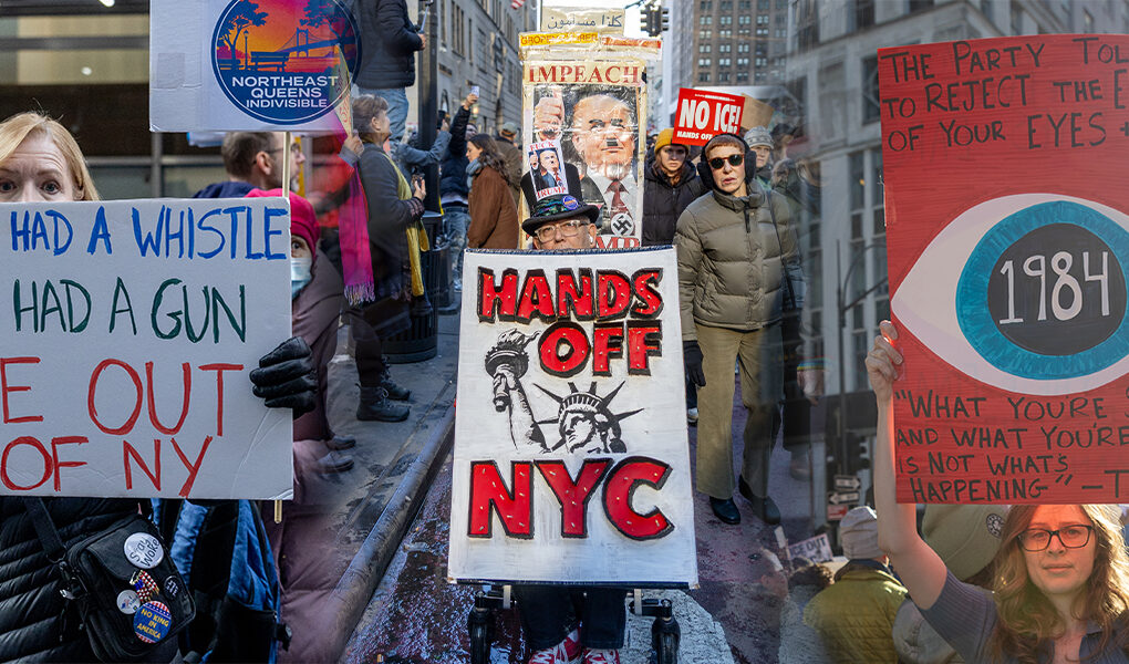 Hands Off Protest Draws Thousands to Midtown Manhattan Composite image of protesters marching through Midtown Manhattan holding signs that read “Hands Off NYC,” “ICE Out of NY,” and a reference to 1984 during a large, peaceful demonstration opposing ICE enforcement and federal policies under Donald Trump.