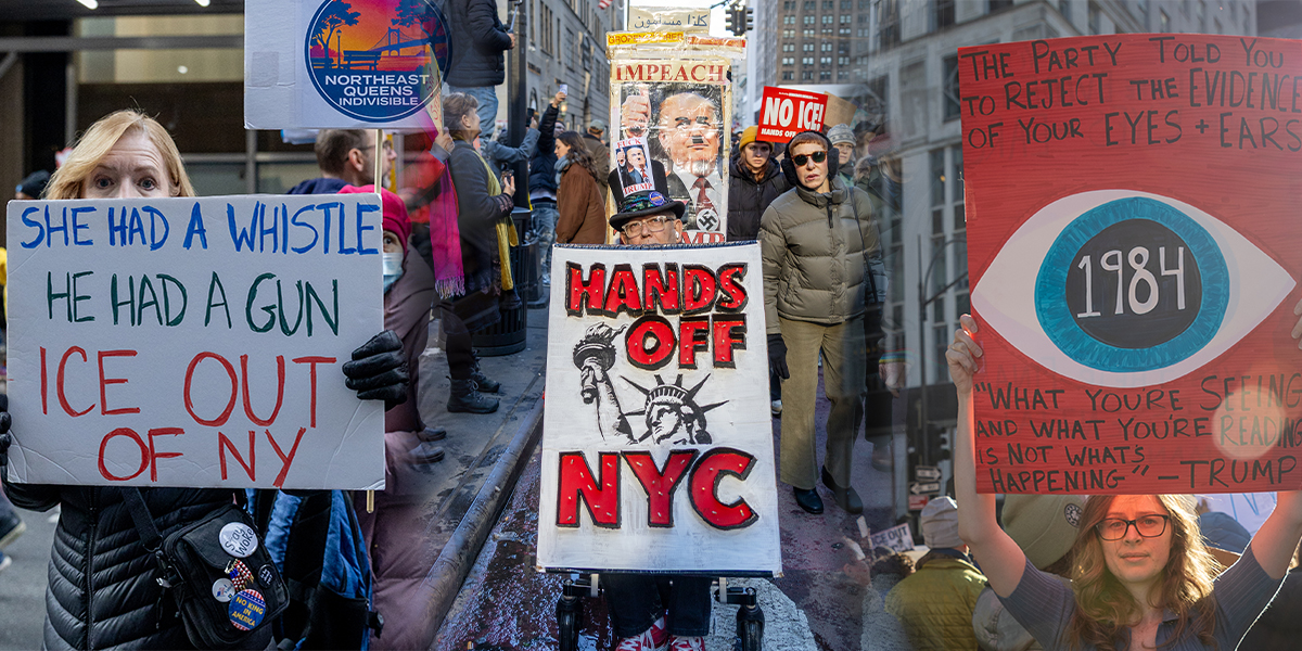 Composite image of protesters marching through Midtown Manhattan holding signs that read “Hands Off NYC,” “ICE Out of NY,” and a reference to 1984 during a large, peaceful demonstration opposing ICE enforcement and federal policies under Donald Trump.