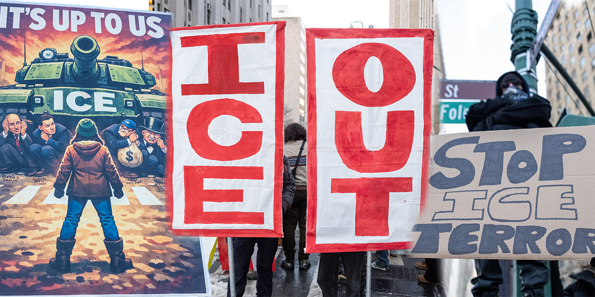 Large red ICE OUT banners and a Stop ICE Terror sign held by protesters during National Shutdown Day demonstration in Lower Manhattan, New York City.