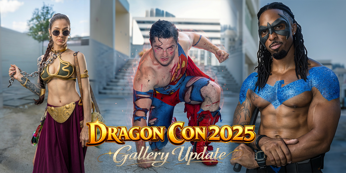Feature image for Dragon Con 2025 gallery update showing cosplay portraits of Princess Leia, battle-damaged Superman, and Nightwing photographed in Atlanta, GA on August 30, 2025 by A Fixed Moment.