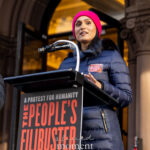 Nina Davuluri speaks at a podium during The People’s Filibuster outside The Public Theater in New York City.
