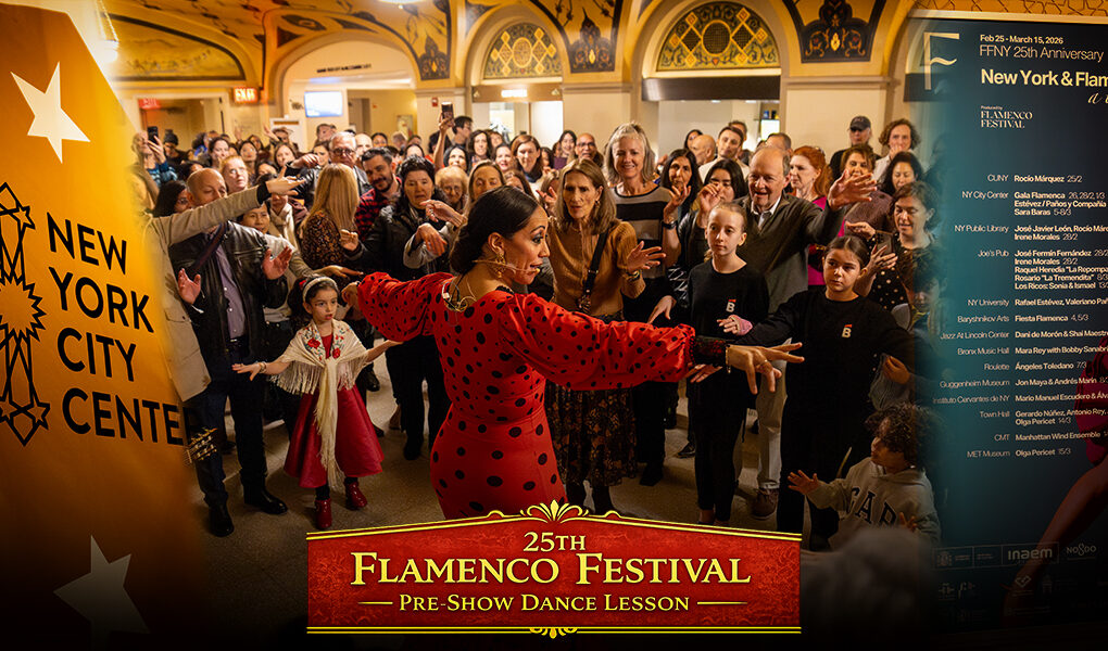 Flamenco instructor Xianix Barrera leads a pre-show dance lesson with audience members gathered in the lobby during the 25th Flamenco Festival at New York City Center in New York City.