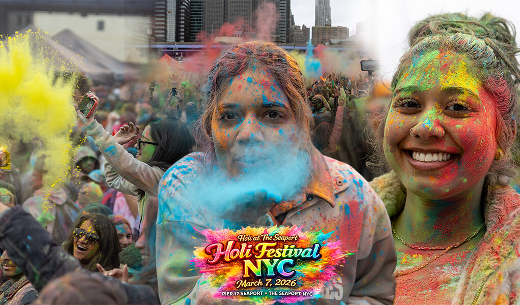 Participants celebrate Holi at The Seaport in New York City, throwing colorful powder during the Festival of Colors on March 7, 2026 at Pier 17.