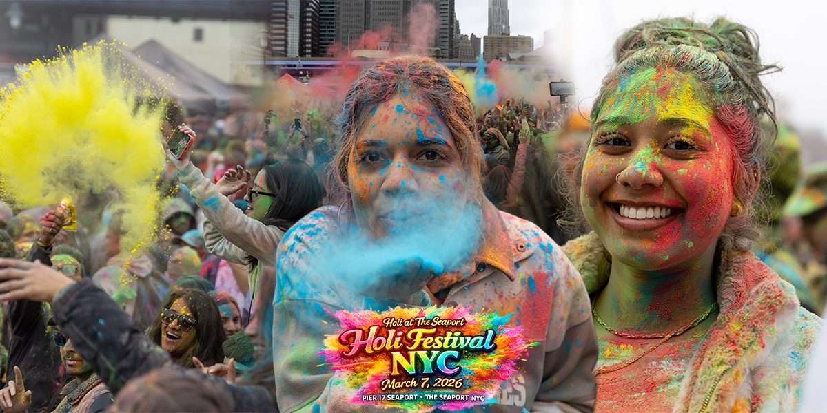 Participants celebrate Holi at The Seaport in New York City, throwing colorful powder during the Festival of Colors on March 7, 2026 at Pier 17.