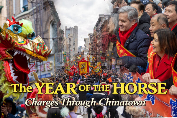 The Year of the Horse Charges Through Chinatown A composite feature image from the 2026 Lunar New Year Parade in Chinatown NYC showing a colorful dragon head, a packed parade route on Mott Street, and community leaders marching with red banners.