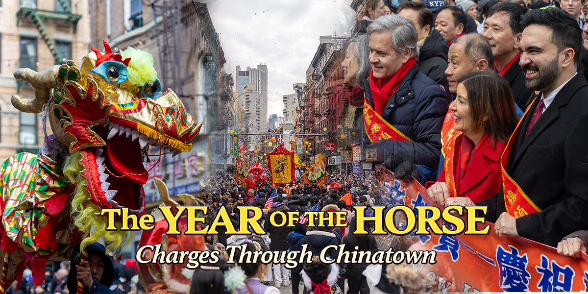 A composite feature image from the 2026 Lunar New Year Parade in Chinatown NYC showing a colorful dragon head, a packed parade route on Mott Street, and community leaders marching with red banners.