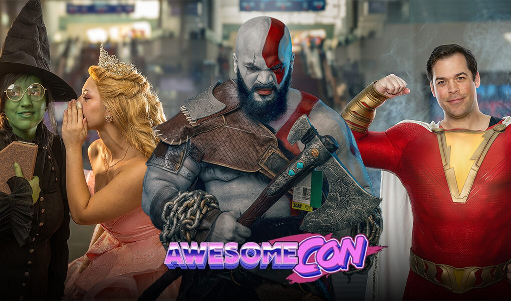 Composite image of cosplayers at Awesome Con 2026 in Washington DC featuring Kratos from God of War, Shazam, and Wicked characters posing inside the convention center