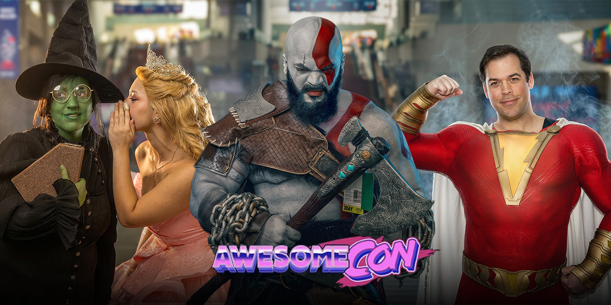 Composite image of cosplayers at Awesome Con 2026 in Washington DC featuring Kratos from God of War, Shazam, and Wicked characters posing inside the convention center