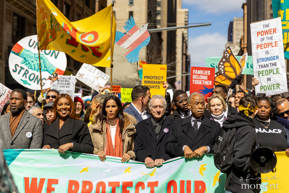 Robert De Niro, Al Sharpton, Letitia James, Padma Lakshmi, and Jumaane Williams march together at the front of the No Kings protest in New York City.
