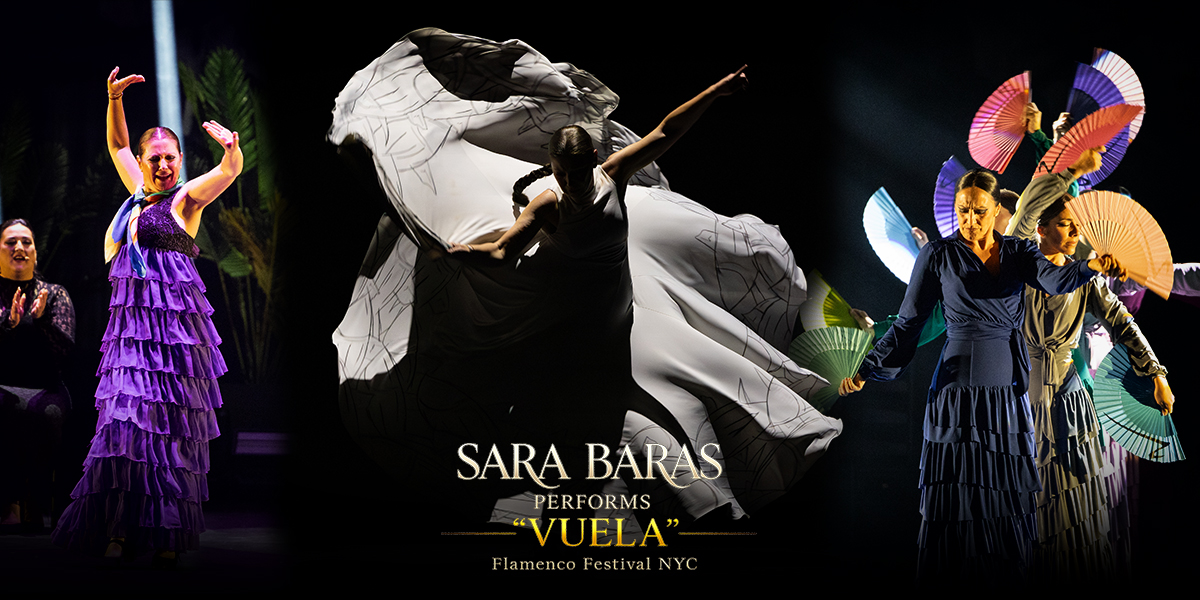 Sara Baras performing “Vuela” during the Flamenco Festival NYC at New York City Center on March 6, 2026, surrounded by dancers and dramatic stage lighting.