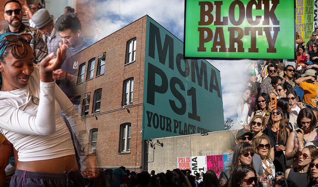 Crowds gather outside and inside MoMA PS1 during the 50th Anniversary Block Party in Queens, New York, featuring dancing, public art, and large-scale courtyard celebrations on April 18, 2026.