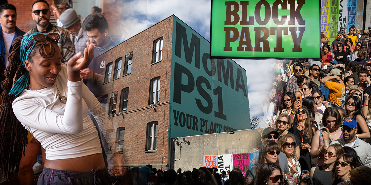 Crowds gather outside and inside MoMA PS1 during the 50th Anniversary Block Party in Queens, New York, featuring dancing, public art, and large-scale courtyard celebrations on April 18, 2026.
