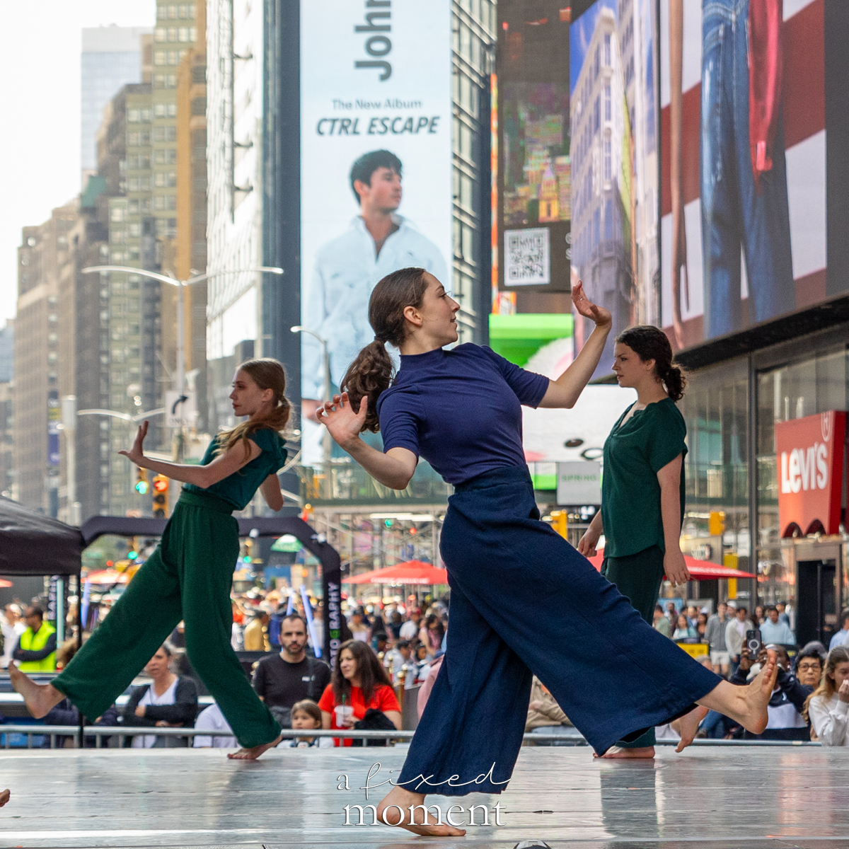 Project Dance blue green costume trio motion