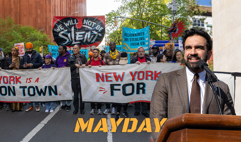 New York, NY - May 1, 2026: Mayor Zohran Mamdani speaks as marchers hold “New York is a Union Town” and “We Will Not Be Silent” banners during the May Day Protest in Washington Square Park.