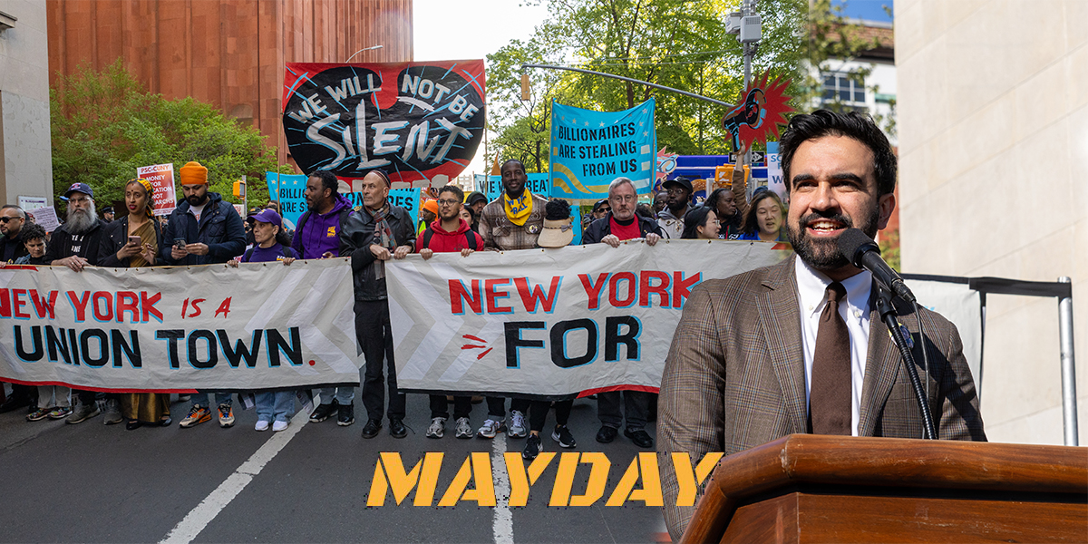 New York, NY - May 1, 2026: Mayor Zohran Mamdani speaks as marchers hold “New York is a Union Town” and “We Will Not Be Silent” banners during the May Day Protest in Washington Square Park.