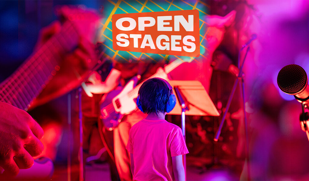 Open Stages feature graphic with festival logo, colorful concert lighting, a child wearing headphones, a guitar close-up, and a microphone.