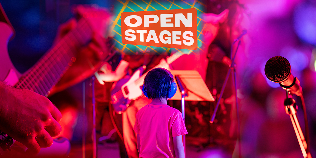 Open Stages feature graphic with festival logo, colorful concert lighting, a child wearing headphones, a guitar close-up, and a microphone.