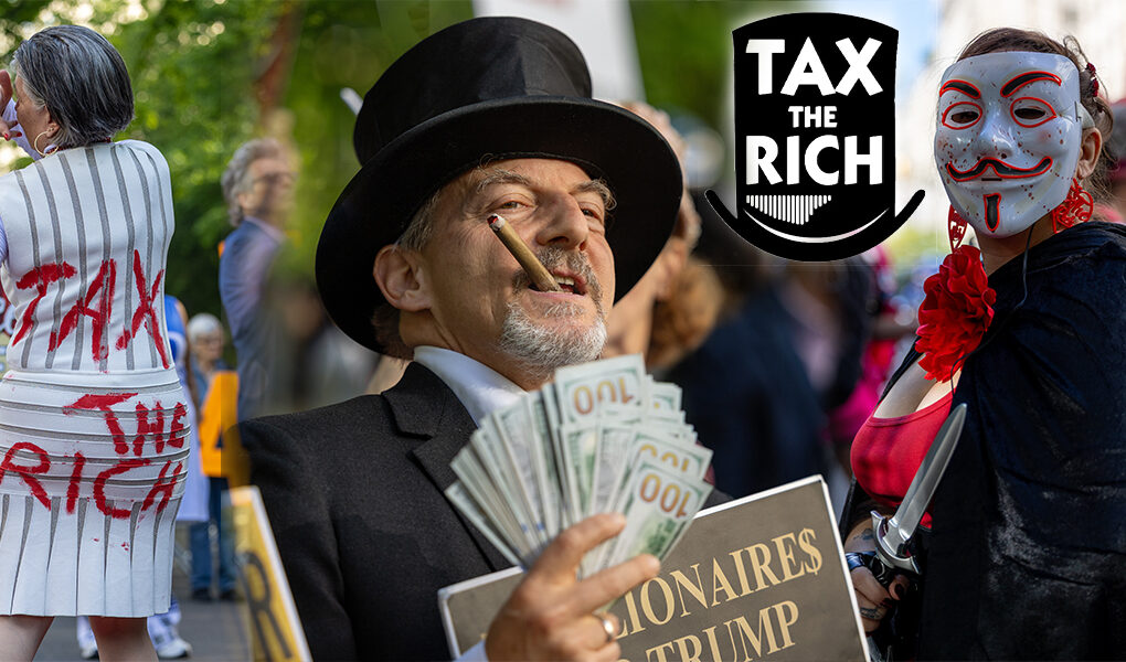 Collage of Rise and Resist protesters outside the Met Gala, including a Tax the Rich outfit, a top-hat billionaire satire costume with fake money, and a masked red-and-black protest look.