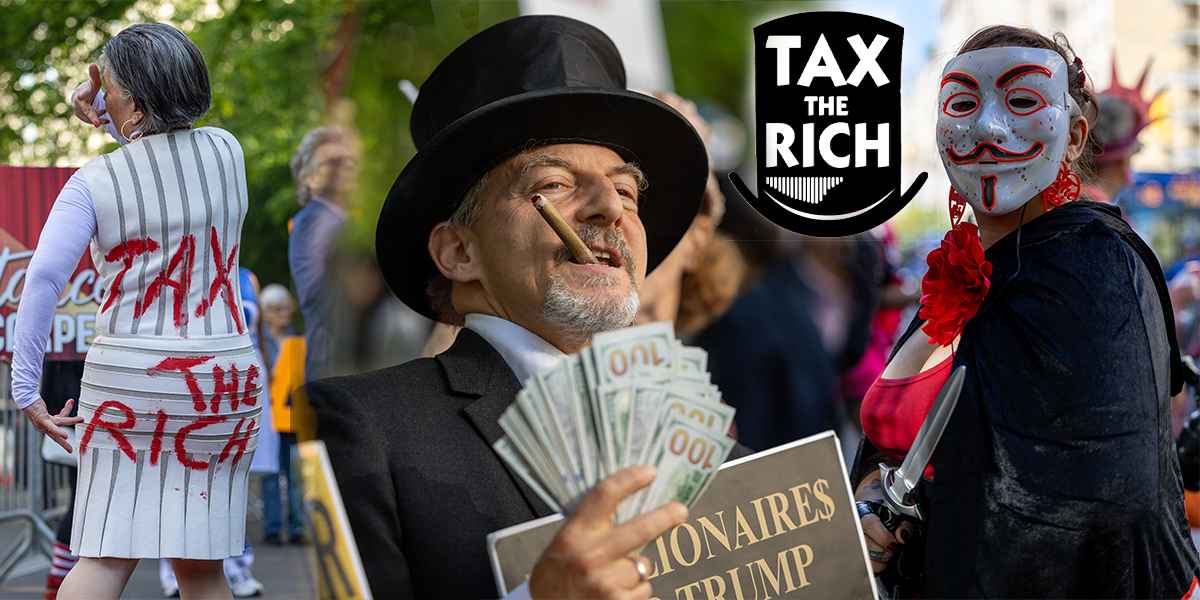 Collage of Rise and Resist protesters outside the Met Gala, including a Tax the Rich outfit, a top-hat billionaire satire costume with fake money, and a masked red-and-black protest look.