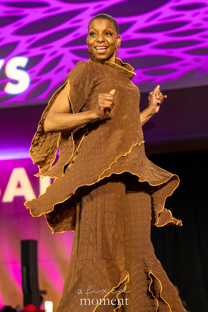 Participant in a brown sculptural runway look at Brooklyn's 2026 People's Ball