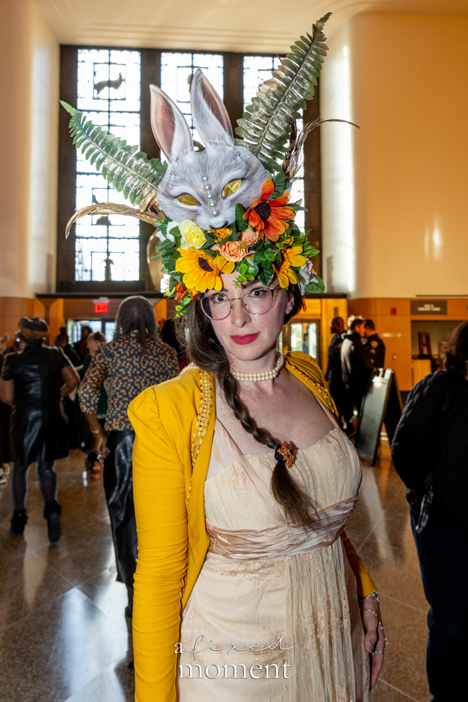 @jenniemuoio poses in a rabbit floral headpiece in the lobby at Brooklyn's 2026 People's Ball