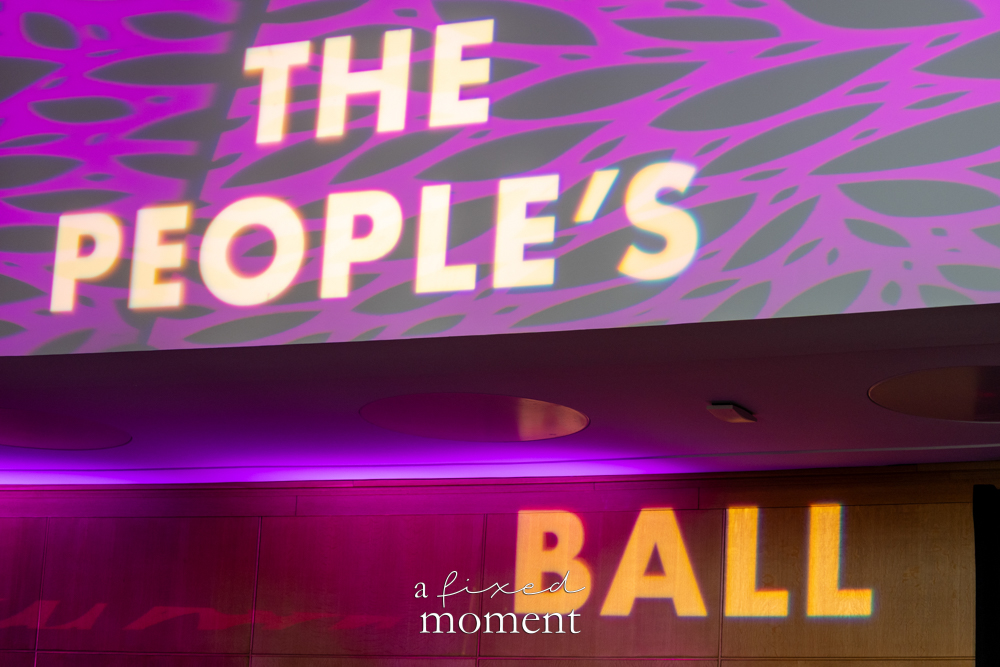 Projected The People's Ball event signage inside Brooklyn Public Library at Grand Army Plaza