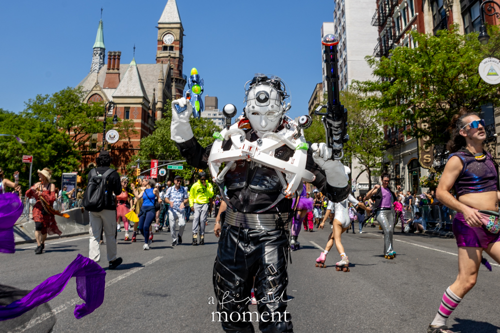 @critical.mask silver robot performer with @vinylnights_ and Xanadu at Dance Parade NYC 2026