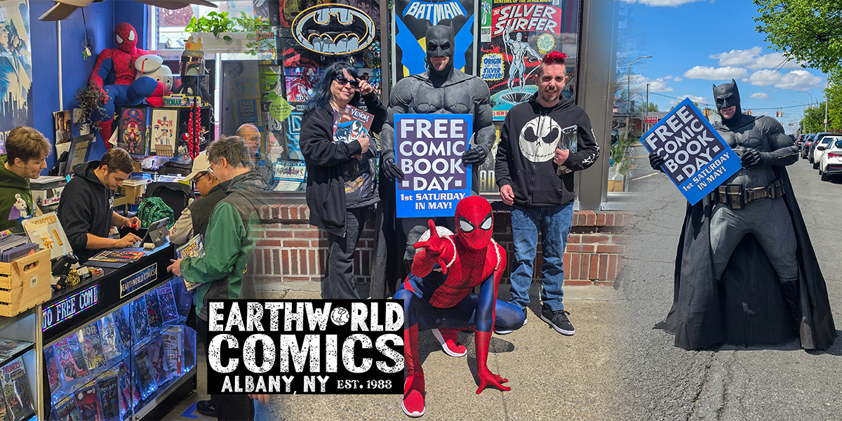 Batman and Spiderman cosplayers pose with attendees during Free Comic Book Day at Earthworld Comics in Albany, New York, on May 2, 2026.