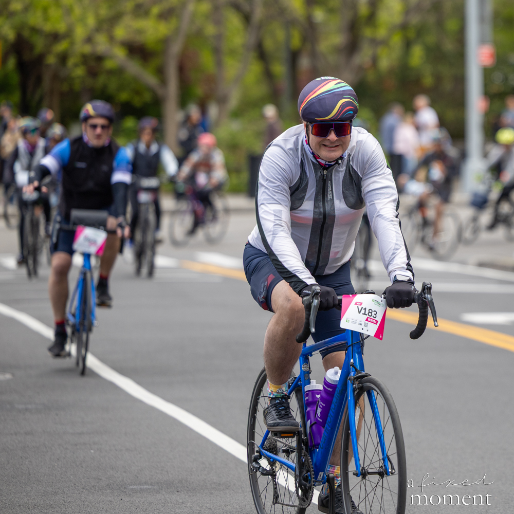 Close-up of a cyclist riding in a pack during the 2026 Five Boro Bike Tour