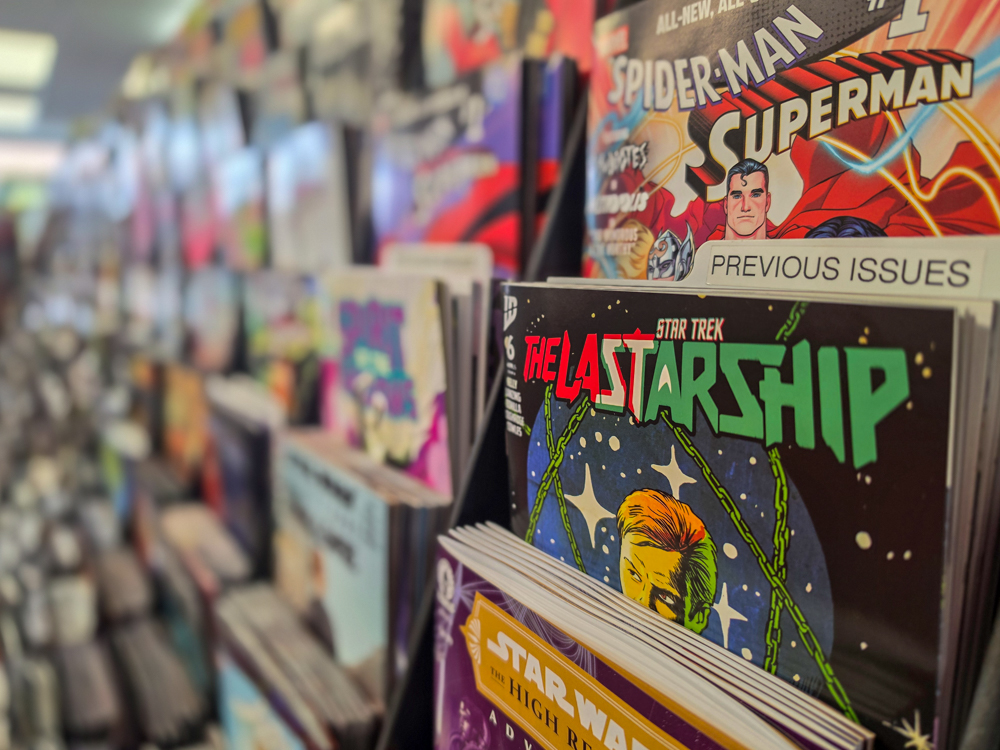 Comic books displayed during Free Comic Book Day at Earthworld Comics in Albany, New York, on May 2, 2026