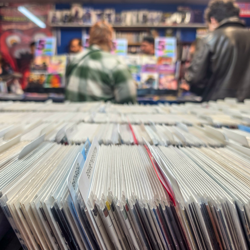 Comic long boxes inside Earthworld Comics during Free Comic Book Day