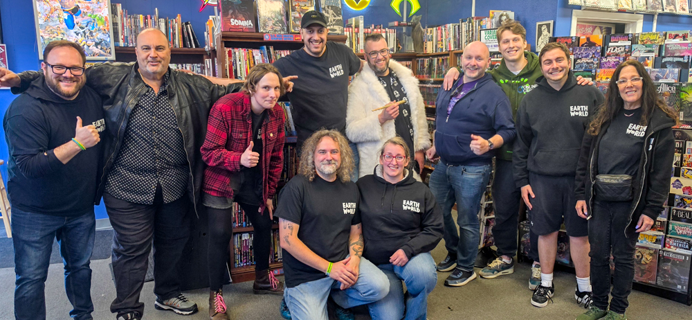Earthworld Comics crew group portrait during Free Comic Book Day